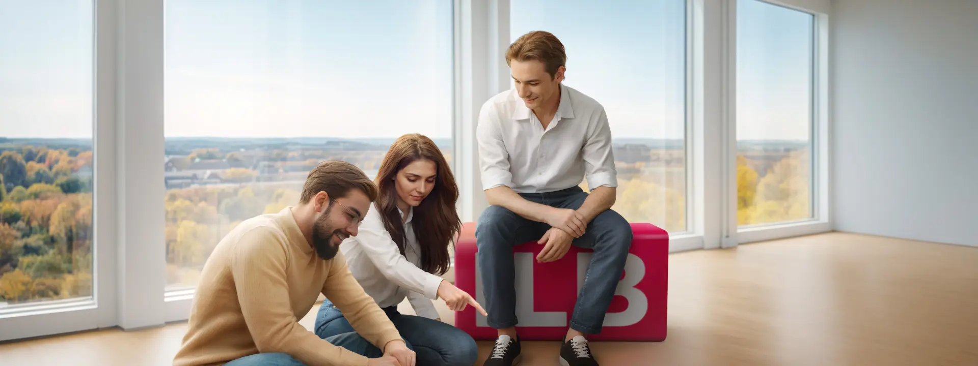 Drei junge Leute sitzen in einem modernen Raum mit großen Fenstern und weitem Blick über die Stadt vor ausgebreiteten Arbeitsblättern auf dem Boden.