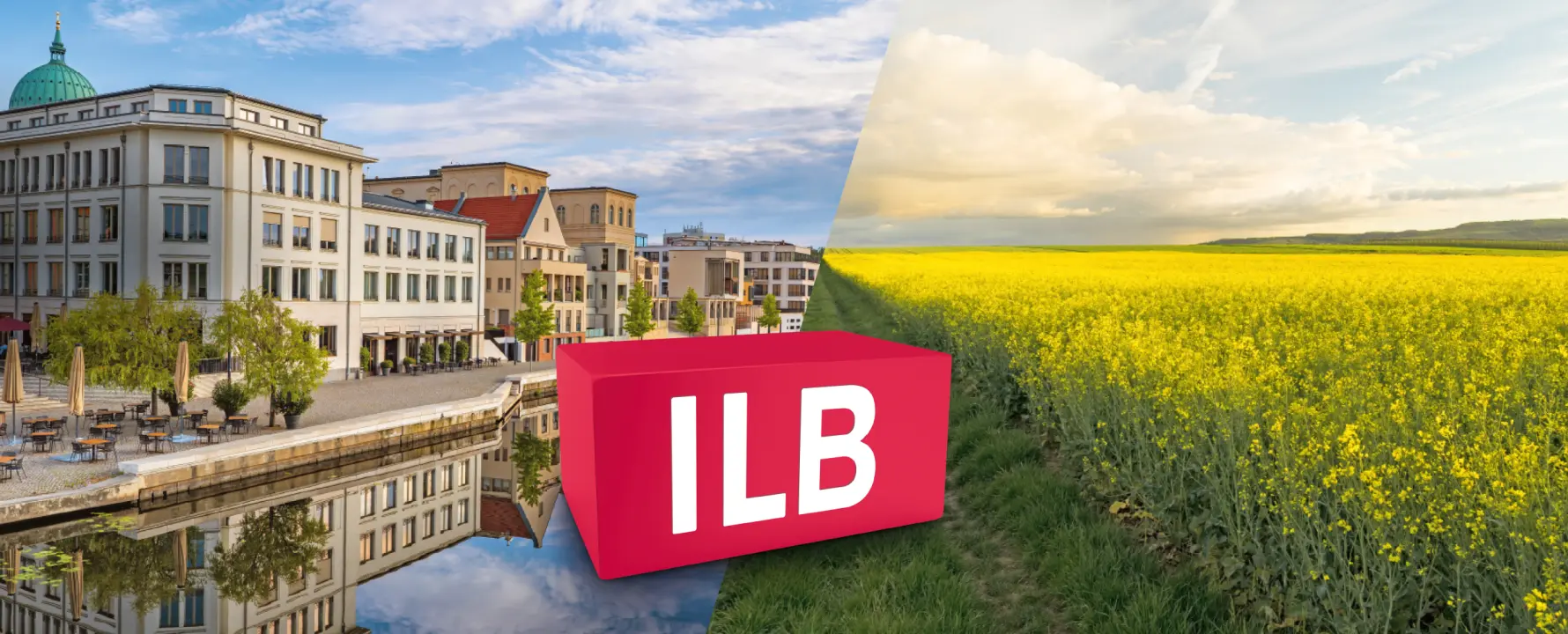 ILB-Logo liegt über einer Bildmontage, links eine Stadtansicht aus Potsdam, rechts ein Bild eines weitläufigen Rapsfeldes