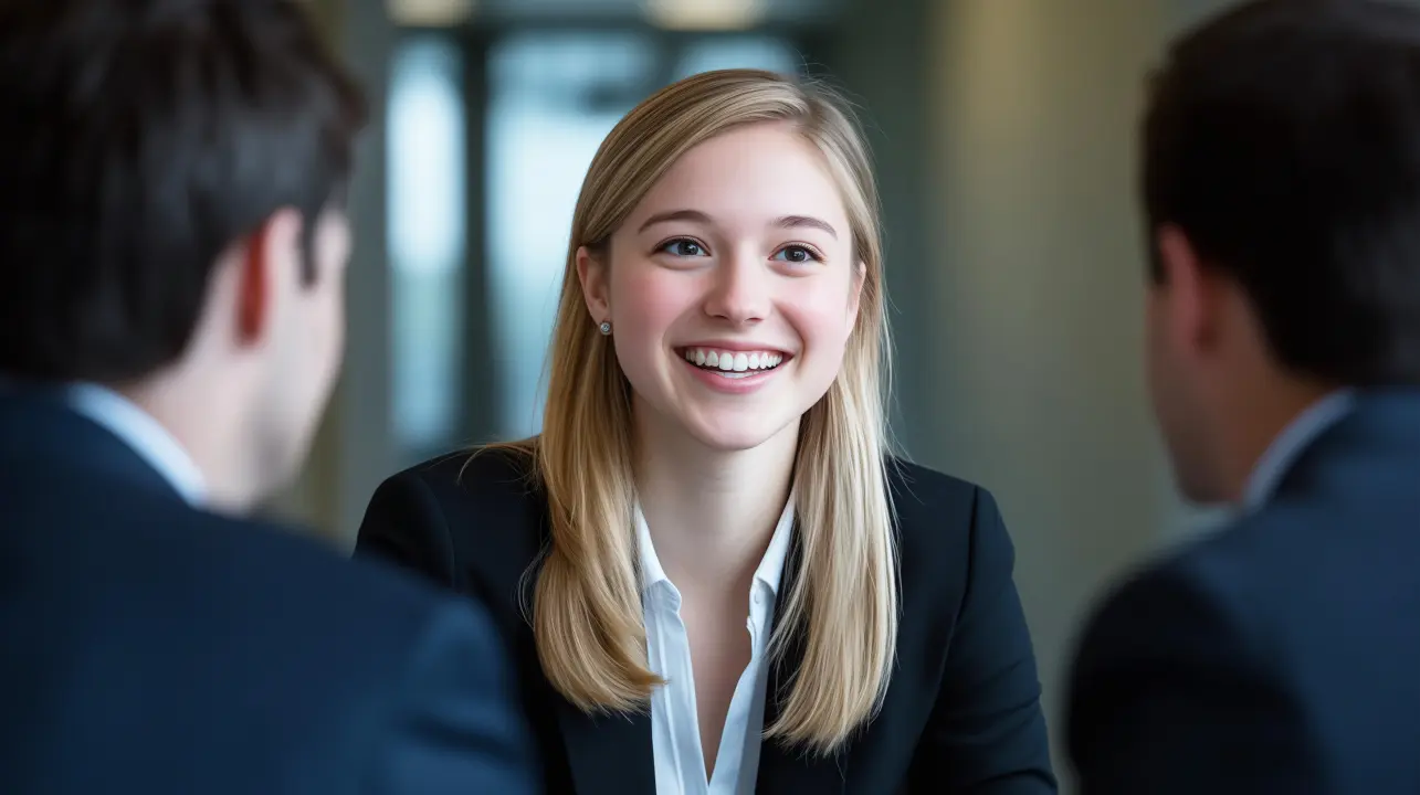 Drei junge Leute sitzen in einem modernen Raum mit großen Fenstern und weitem Blick über die Stadt vor ausgebreiteten Arbeitsblättern auf dem Boden.