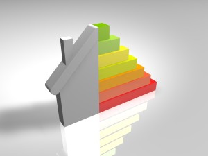 Rendering eines Hauses samt Energieeffizienzbalken von Grün bis Rot