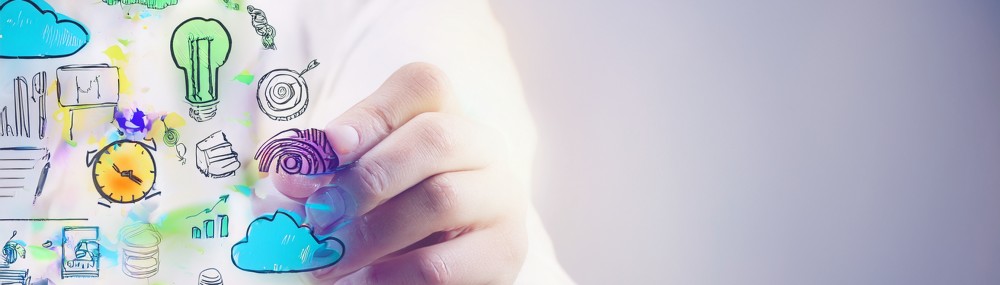 Hand greift in Virtuelle Ansicht mit Icons