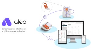 Abbildung Zeichnung mit Monitor als Verbindung zum Smartphone, inkl. Logo von Alea und Schriftzug Sensobasiertes Inkontinenz- und Bewegungsmonitoring