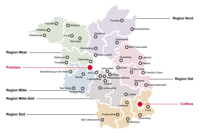 Karte von Brandenburg, Regionen farblich gekennzeichnet, Städte gekennzeichnet und benannt