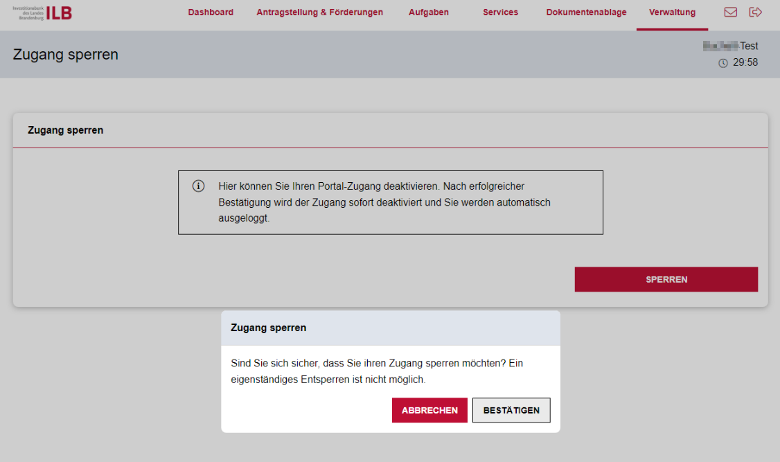 Bildschirmscreenshot vom Kundenportal: Eigenen Zugang sperren 