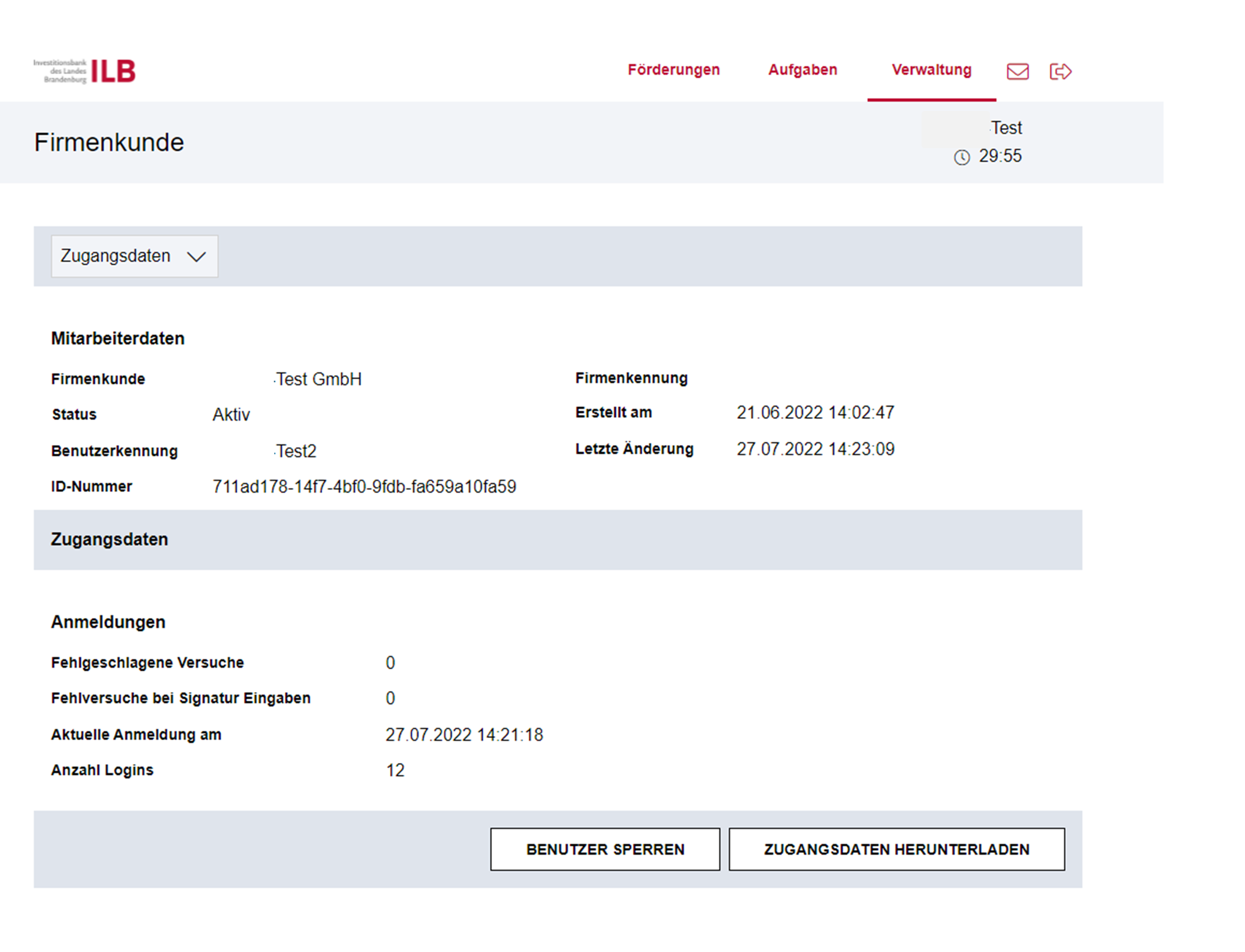 Bildschirmscreenshot vom Kundenportal: Benutzer sperren vom Unternehmen als Administrator